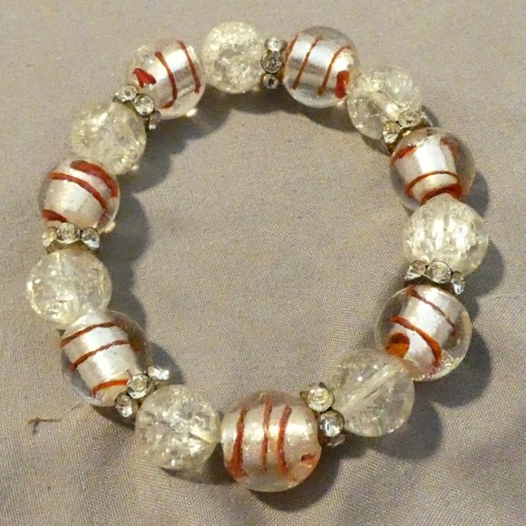 Foil Glass Bracelet Stretch Rhinestones, Silver Brown, Holiday - Picture 1 of 5